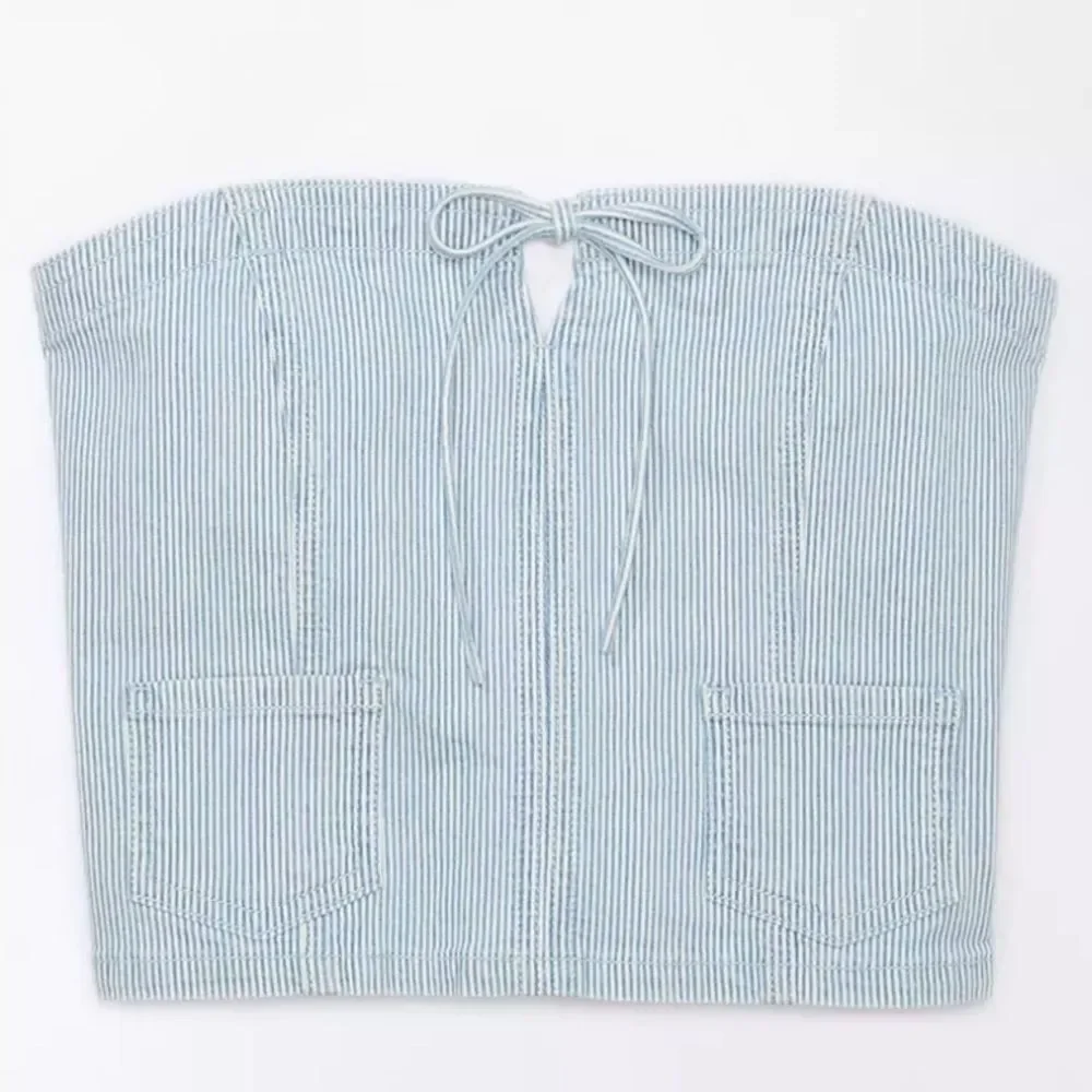 AE Light Blue Pin Stripe Vintage Wash Railroad Denim Cropped Spaghetti Top